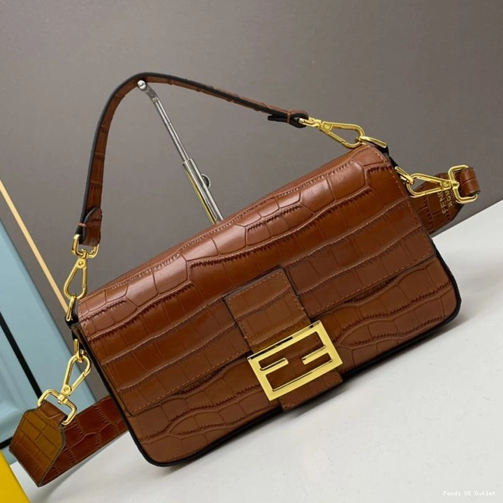 HOT In Brown Fendi Crocodile Leather Medium Bag Baguette 0719